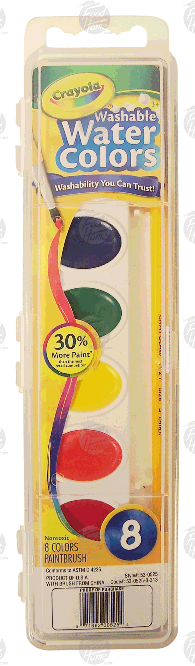 Crayola washable water colors, 8 colors and 1 natural hair brush, plastic flip top Full-Size Picture